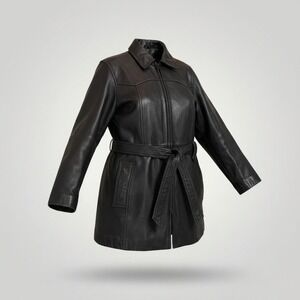 Danier Leather Jacket Vintage Women XS Black Belted Trench Coat Y2K Streetwear